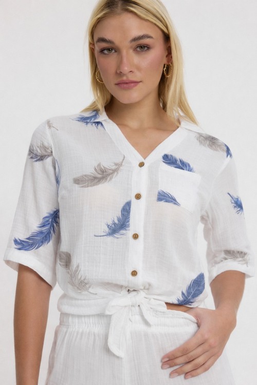 Müslin Desenli Önden Bağlamalı Bluz-1025 TÜY
