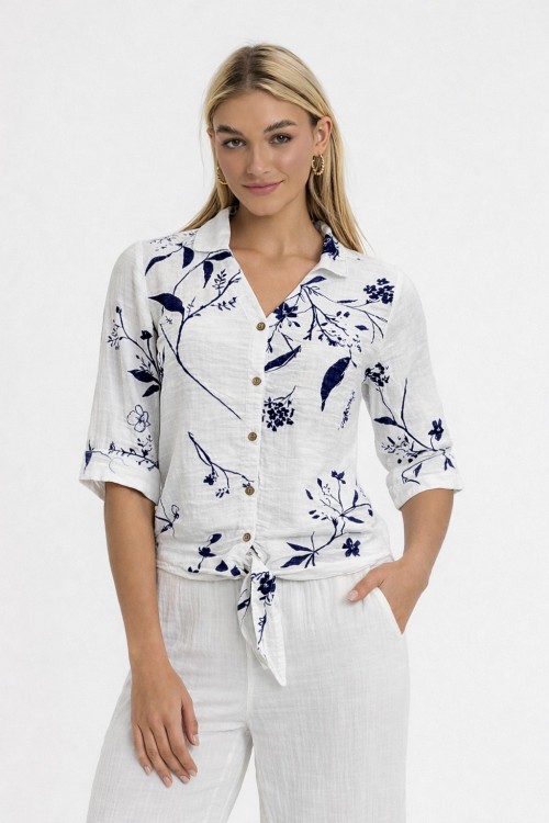 Müslin Desenli Önden Bağlamalı Bluz-1025 ÇİÇEK DALI