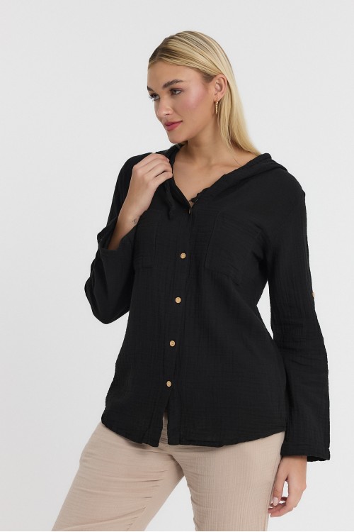 KADIN GÖMLEK - MÜSLİN KAPÜŞONLU SİYAH GÖMLEK - 1030