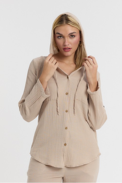 KADIN GÖMLEK - MÜSLİN KAPÜŞONLU KREM  GÖMLEK - 1030