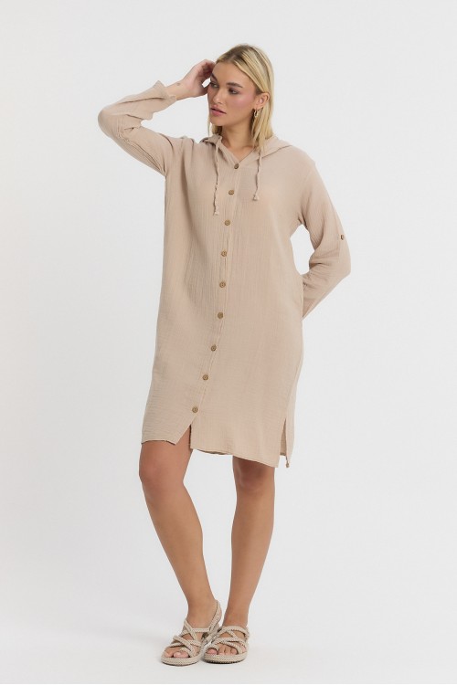 KADIN TUNİK - MÜSLİN KAPÜŞONLU BEJ/KREM UZUN KOL - 1050