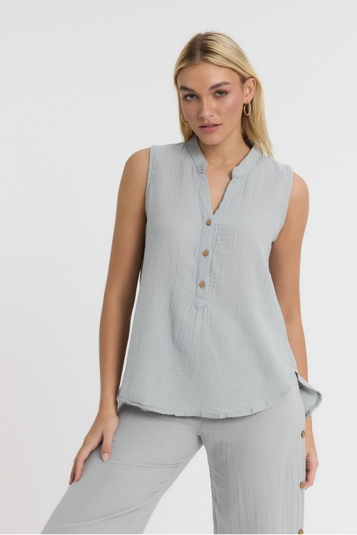 KADIN BLUZ - MÜSLİN HAKİM YAKA YARIM PAT KOLSUZ BLUZ GRİ - 1070