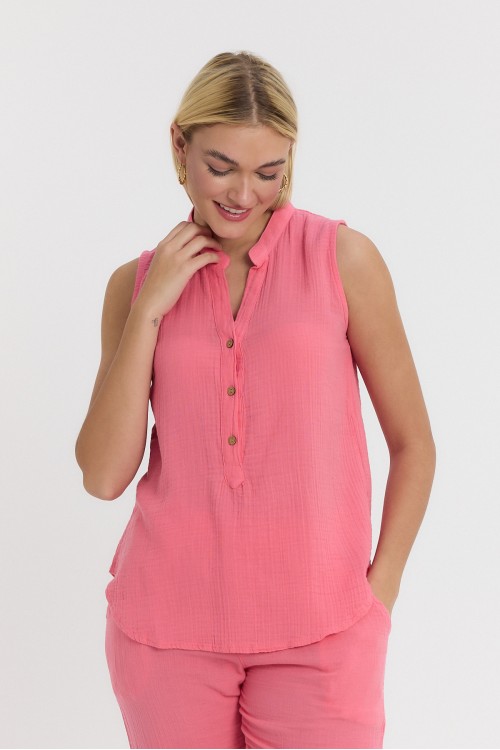 KADIN BLUZ - MÜSLİN HAKİM YAKA YARIM PAT KOLSUZ BLUZ PEMBE - 1070