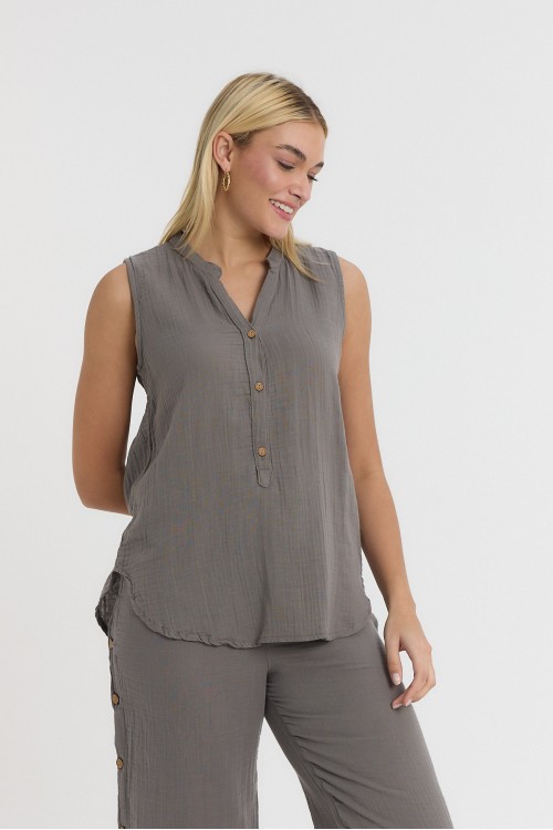 KADIN BLUZ - MÜSLİN HAKİM YAKA YARIM PAT KOLSUZ BLUZ ANTRASİT  - 1070