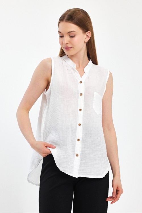 KADIN GÖMLEK - MÜSLİN HAKİM YAKA SIFIRKOL GÖMLEK BEYAZ  - 1090