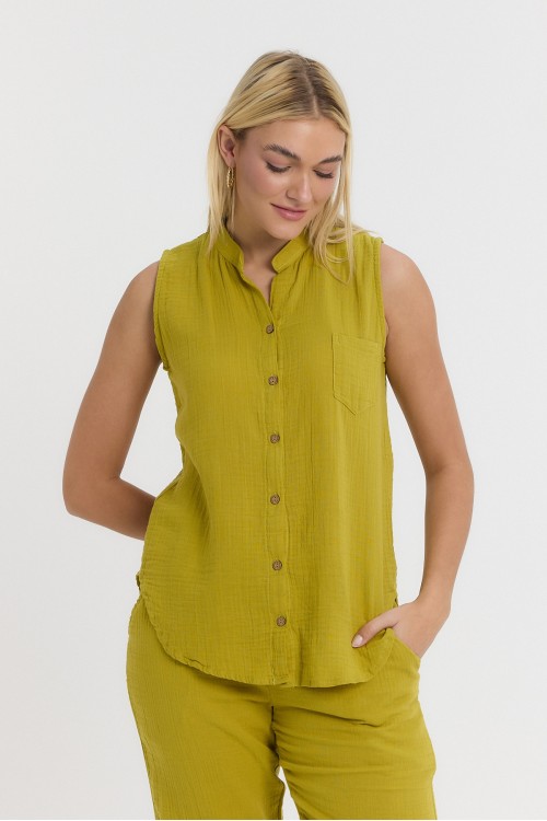 KADIN GÖMLEK - MÜSLİN HAKİM YAKA SIFIRKOL GÖMLEK HARDAL SARI  - 1090