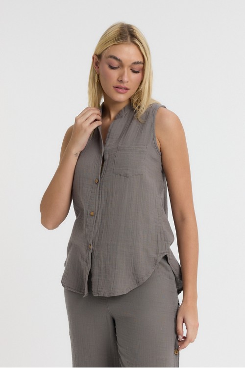 KADIN GÖMLEK - MÜSLİN HAKİM YAKA SIFIRKOL GÖMLEK ANTRASİT  - 1090