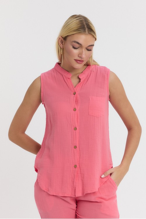 KADIN GÖMLEK - MÜSLİN HAKİM YAKA SIFIRKOL GÖMLEK PEMBE   - 1090