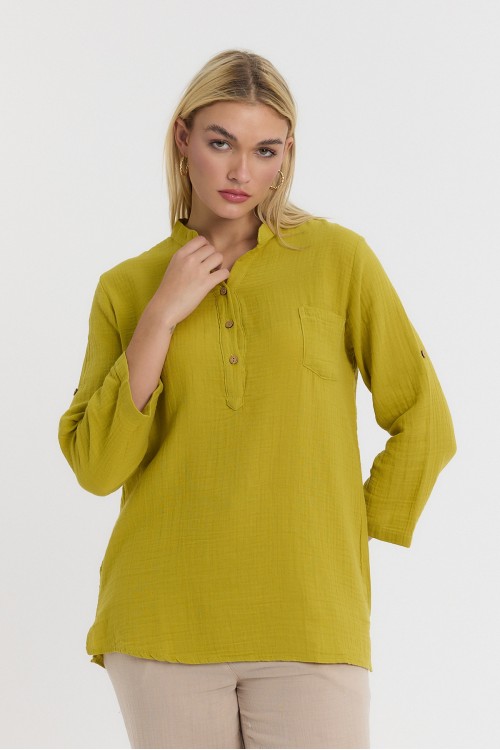 KADIN BLUZ - MÜSLİN HAKİM YAKA UZUN KOL BLUZ HARDAL SARI  - 1100