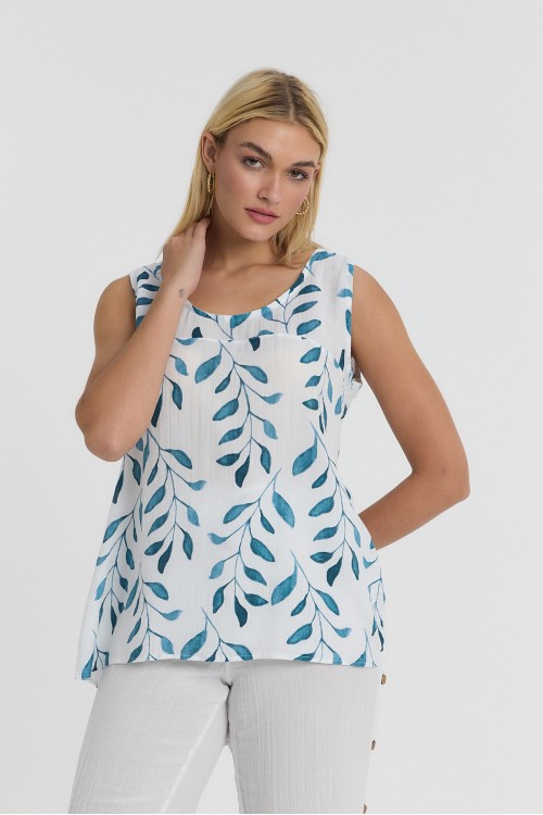 KADIN ASKILI BLUZ - MÜSLİN ZEYTİN DALI DESEN ARKASI DÜĞMELİ - 1115