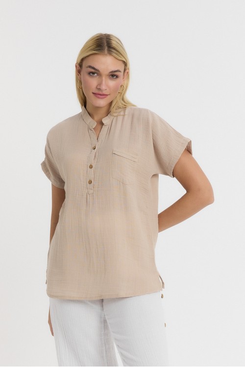  MÜSLİN HAKİM YAKA YARIM PAT KISA KOL BLUZ KREM - 1130