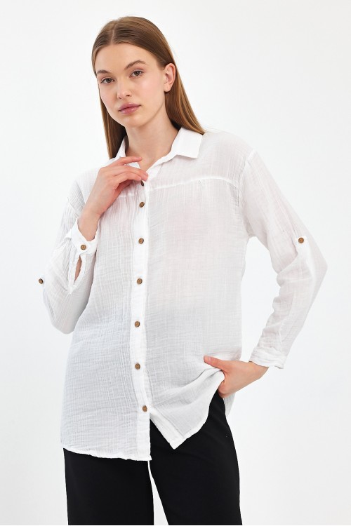 Kadın Müslin Yakalı Uzun Kol Beyaz Gömlek