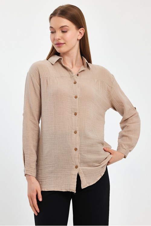 Kadın Müslin Yakalı Uzun Kol Toprak Gömlek
