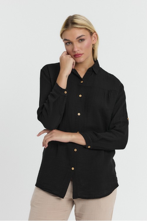 Kadın Müslin Yakalı Uzun Kol Siyah Gömlek
