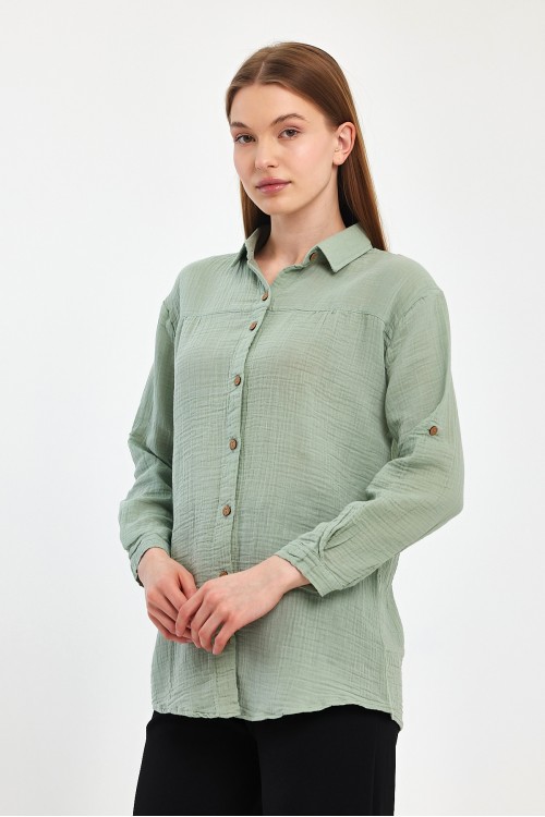 Kadın Müslin Yakalı Uzun Kol Çağla Yeşili Gömlek