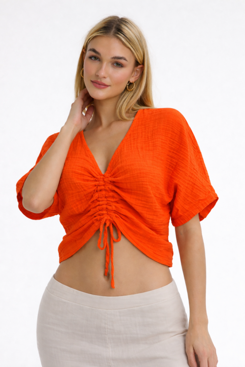 Müslin Büzgülü Kısa Kol Crop - ORANJ - 1180