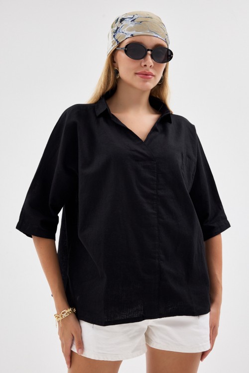 Linen Önden Bağlamalı Bluz-1600-SİYAH