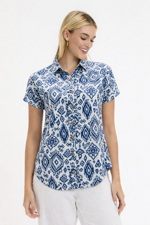 Şantuklu Desenli Yakalı Kısa Kol Gömlek- ETNİK-1620 Şantuklu Desenli Yakalı Kısa Kol Gömlek- ETNİK-1620