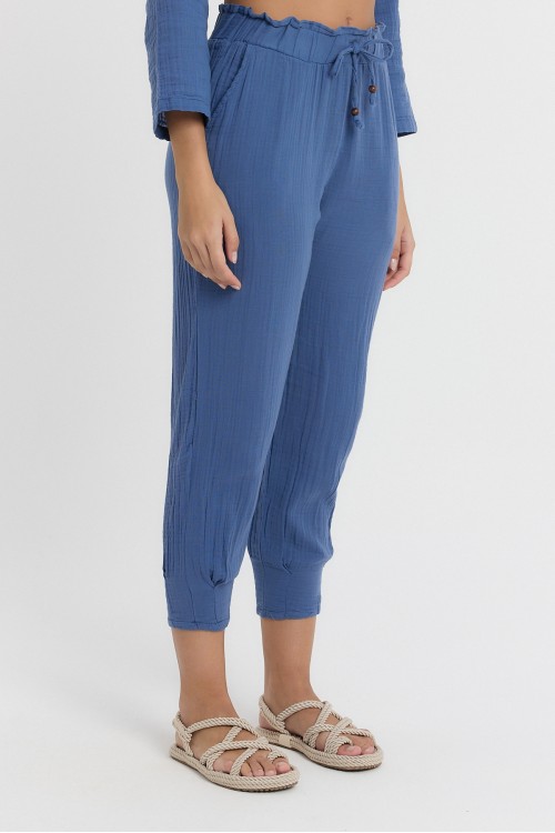 Kadın Müslin Özel Paça (Cennet) Petrol Mavi Pantolon