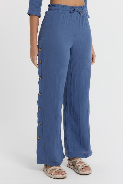 -MÜSLİN DÜĞMELİ PANTOLON LACİVERT-2100