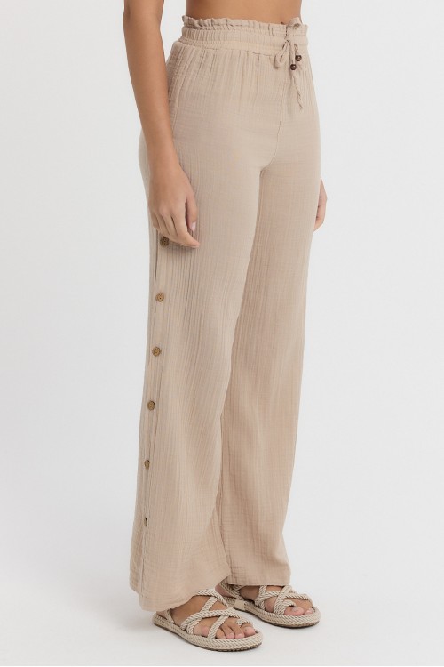 -MÜSLİN DÜĞMELİ PANTOLON KREM-2100