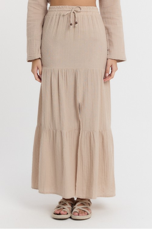 MÜSLİN YIRTMAÇLI UZUN ETEK KREM -2120