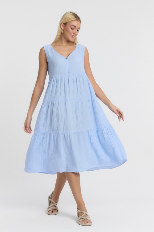  MÜSLİN AVLONYA ELBİSE MAVİ - 3010