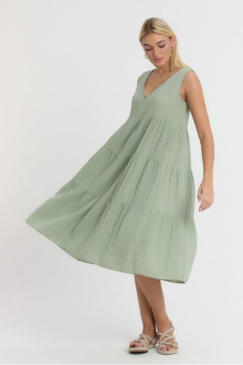  MÜSLİN AVLONYA PONPON DESENLİ ELBİSE ÇAĞLA YEŞİLİ -3015