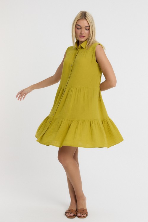 Kadın Müslin Kat Kat  Hardal Sarı Elbise