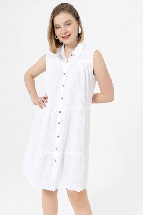 Kadın Müslin Kat Kat Beyaz Elbise