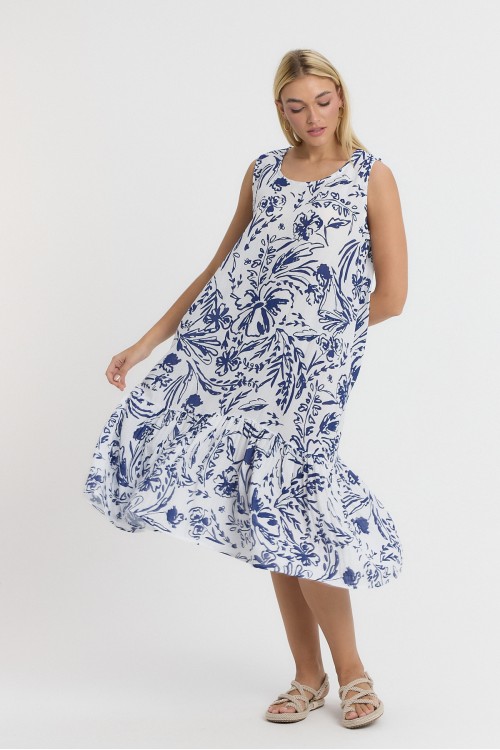 ŞAL DESEN ASKILI MİDİ ELBİSE - 3045