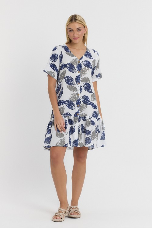  DEFNE YAPRAĞI DESEN DATÇA ELBİSE -3055