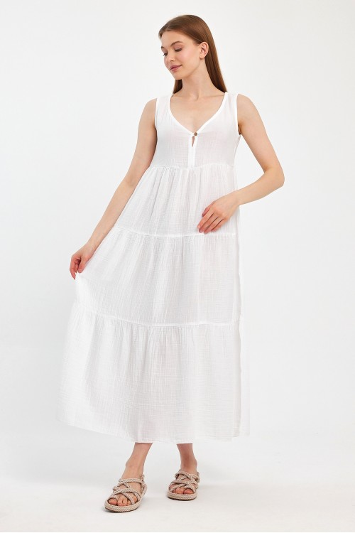  MÜSLİN AVLONYA ELBİSE BEYAZ - 3010