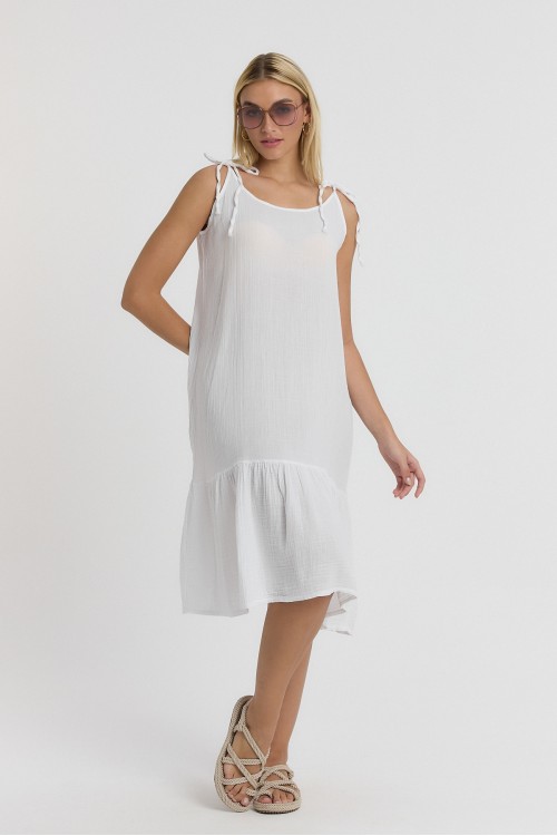 BEYAZ İP ASKILI (BEDEN AYARLAMALI) ELBİSE -3070