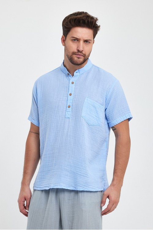 MÜSLİN HAKİM YAKA YARIM PAT MAVİ GÖMLEK -4020