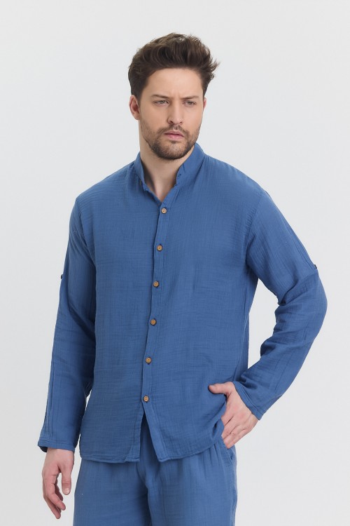 Erkek Müslin Hakim Yaka Uzun Kol Lacivert Gömlek - 4050 