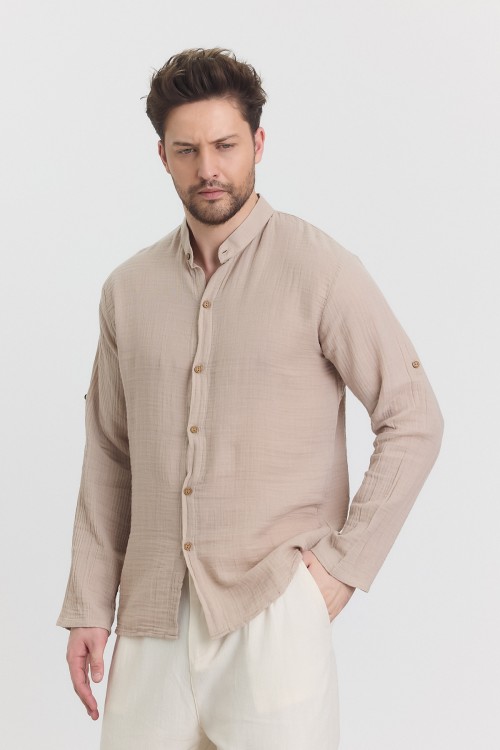 Erkek Müslin Hakim Yaka Uzun Kol Toprak Gömlek