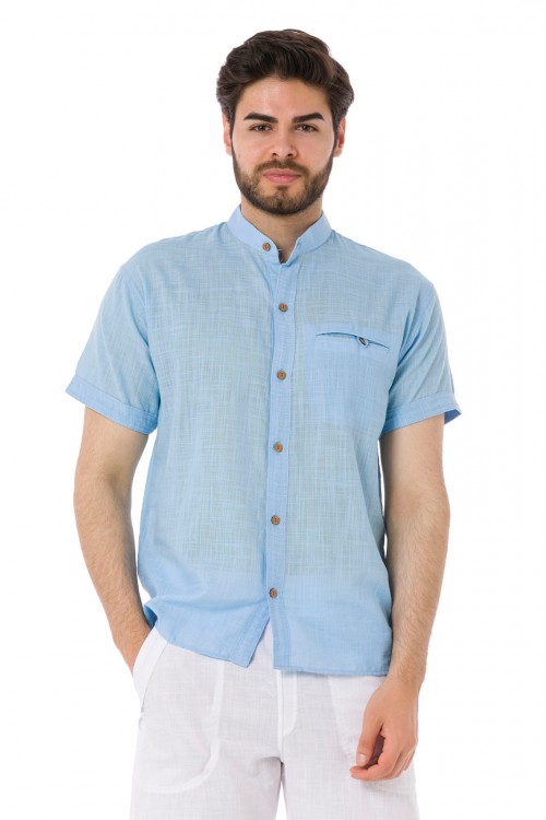 Erkek Hakim Yaka Kısa Kollu Keten Gömlek Mavi -4520