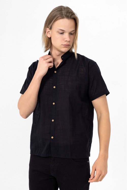 Erkek Hakim Yaka Kısa Kollu Keten Gömlek Siyah -4520