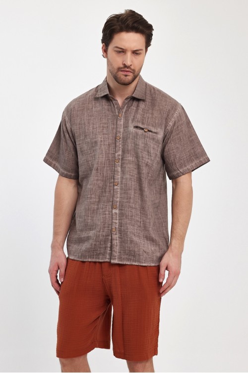 Erkek Yakalı Boyamalı Gömlek Kahverengi