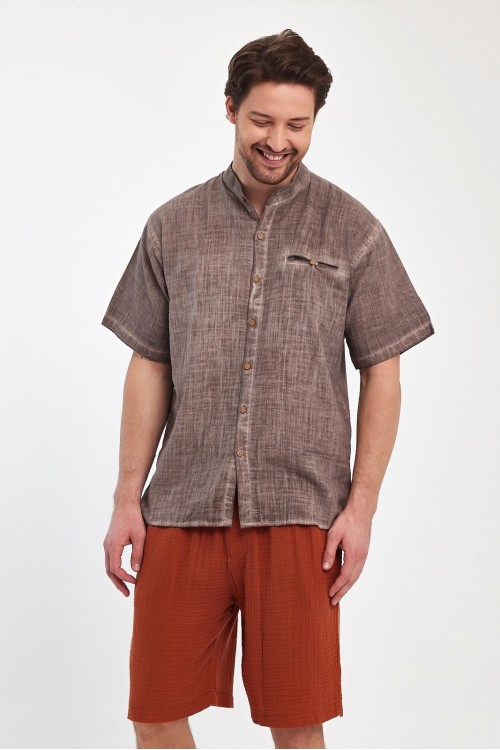 Erkek Hakim Yaka Boyamalı Gömlek Kahverengi - 4700