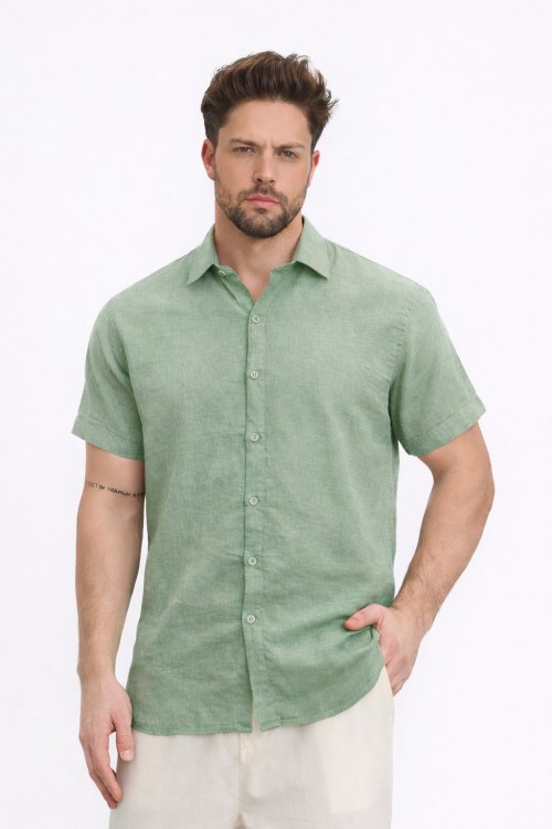 Linen Yakalı Kısa Kol Gömlek- 4710 ÇAĞLA YEŞİLİ
