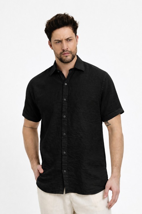 Linen Yakalı Kısa Kol Gömlek- 4710 SİYAH Linen Yakalı Kısa Kol Gömlek- 4710 SİYAH