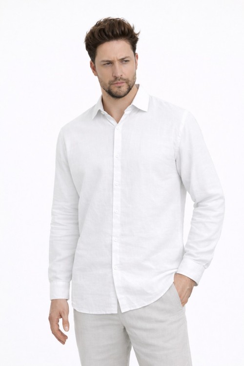 Linen Uzun Kollu Gömlek-4760 BEYAZ