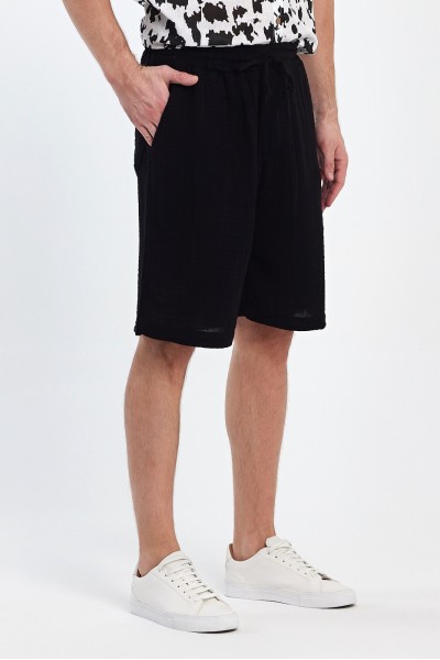 Erkek Regular Fit Müslin Şort Siyah