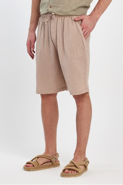 Erkek Regular Fit Müslin Şort Toprak