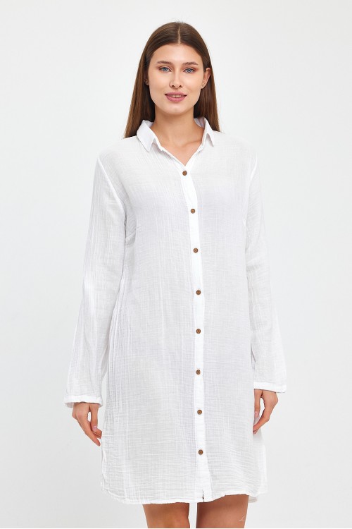 KADIN TUNİK - MÜSLİN PAMUKLU YAKALI BEYAZ  TUNİK - 1060