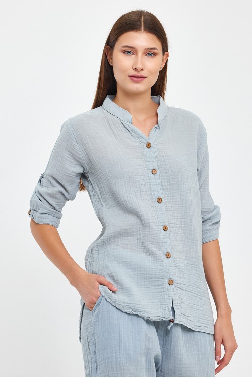 KADIN GÖMLEK - MÜSLİN HAKİM YAKA GRİ UZUN KOL GÖMLEK - 1010