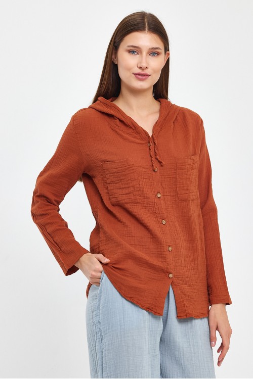 KADIN GÖMLEK - MÜSLİN KAPÜŞONLU KİREMİT GÖMLEK - 1030