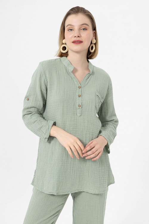 KADIN BLUZ - MÜSLİN HAKİM YAKA UZUN KOL BLUZ ÇAĞLA YEŞİLİ - 1100